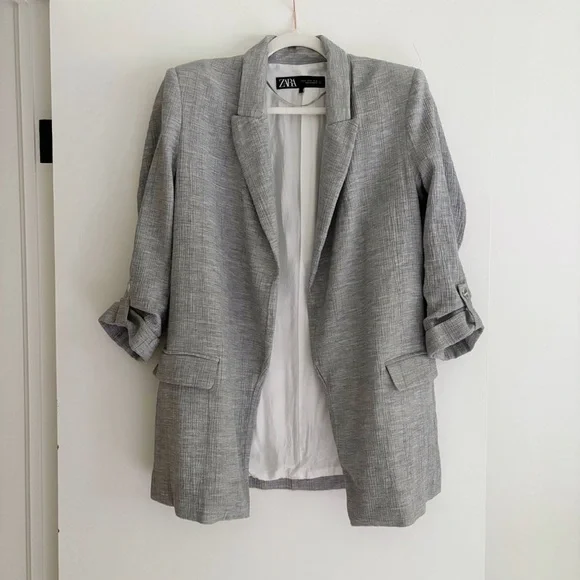 Zara Long Open Blazer Lapel Collar Padded Shoulders Grey Size M - Picture 5 of 8